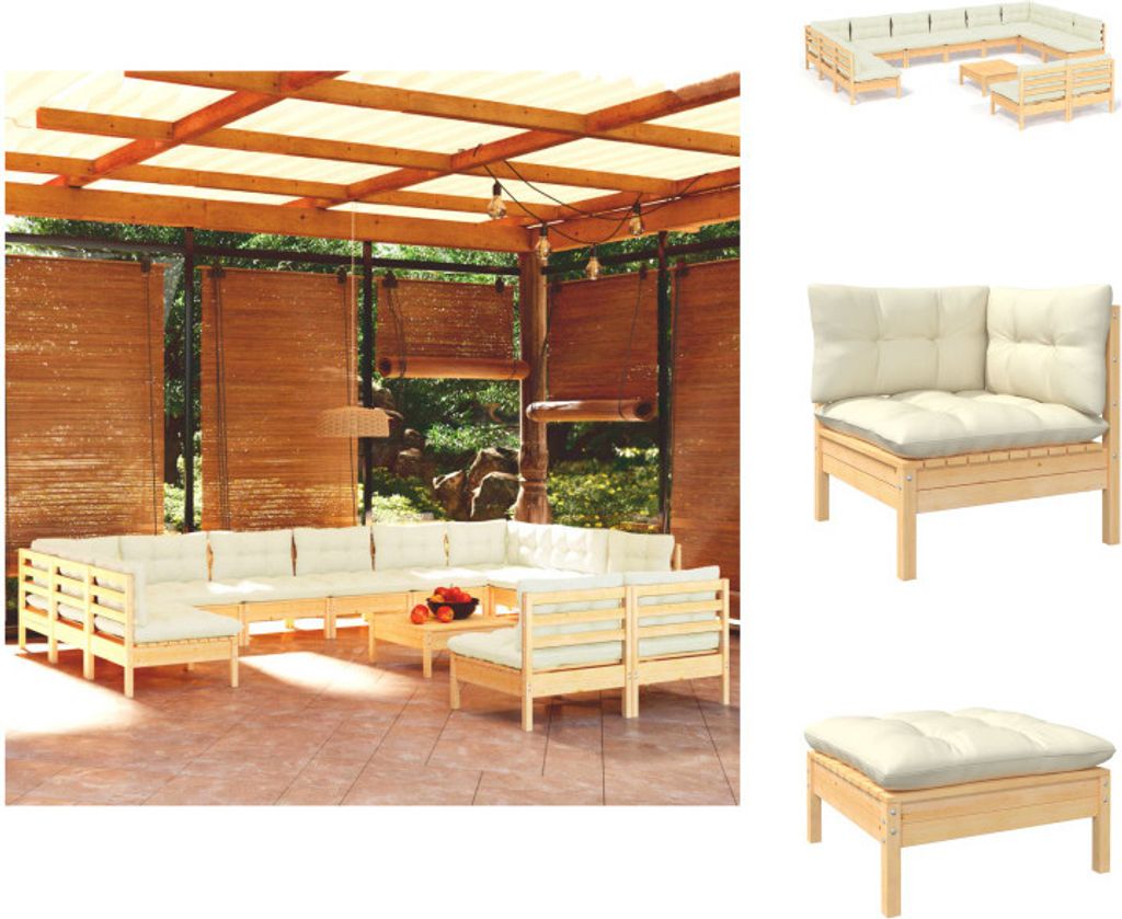 vidaXL 13-tlg. Garten-Lounge-Set mit Creme Kissen Massivholz Kiefer - Gartenmöbel-Sets