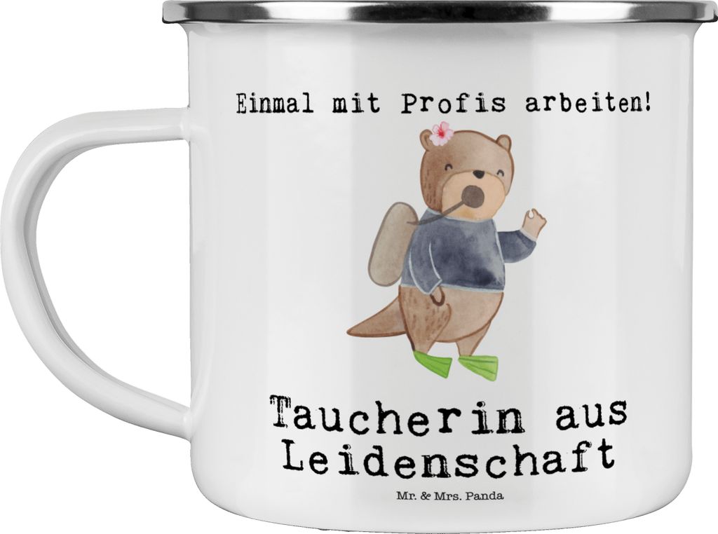 Mr. & Mrs. Panda Emaille Tasse Taucherin Leidenschaft - Weiß - Geschenk, Becher, Blechtasse, Teetasse, emaillebecher, Haferl, Pott