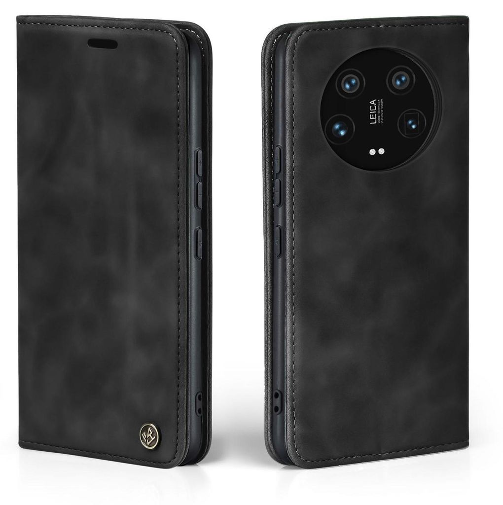 A black flip case for a smartphone, shown from the front and back.