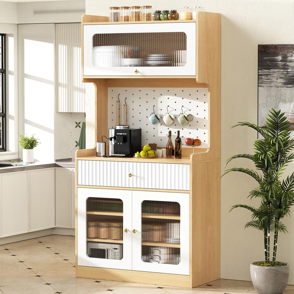 MODFU Küchenschrank mit Riffelglas und LED-Beleuchtung Highboard Aufbewahrungsschrank mit Schubladen und verstellbaren Regalböden Viel Stauraum N...
