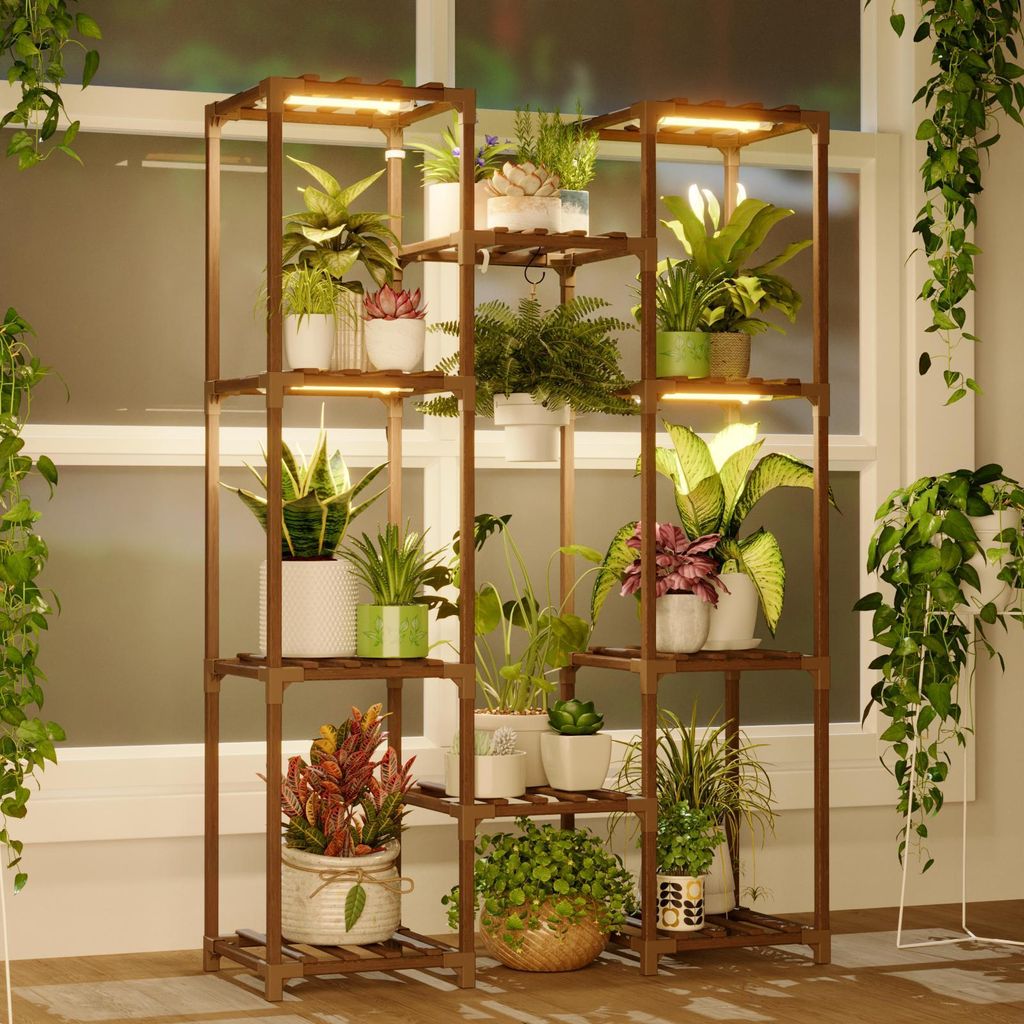 Bamworld Pflanzenständer mit Pflanzenlampe – Mehrere Töpfe, warmes Licht, für Wohnzimmer & Terrasse, Boho-Deko