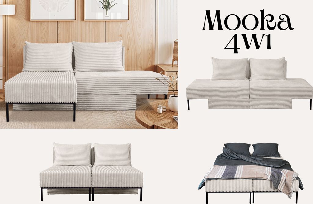 Kaiser Möbel Ecksofa mit schlaffunktion, Sofa, Betten, Liegestuhl, MOOKA 4in1-Multifunktions-System, stoff Velo Ecru Links