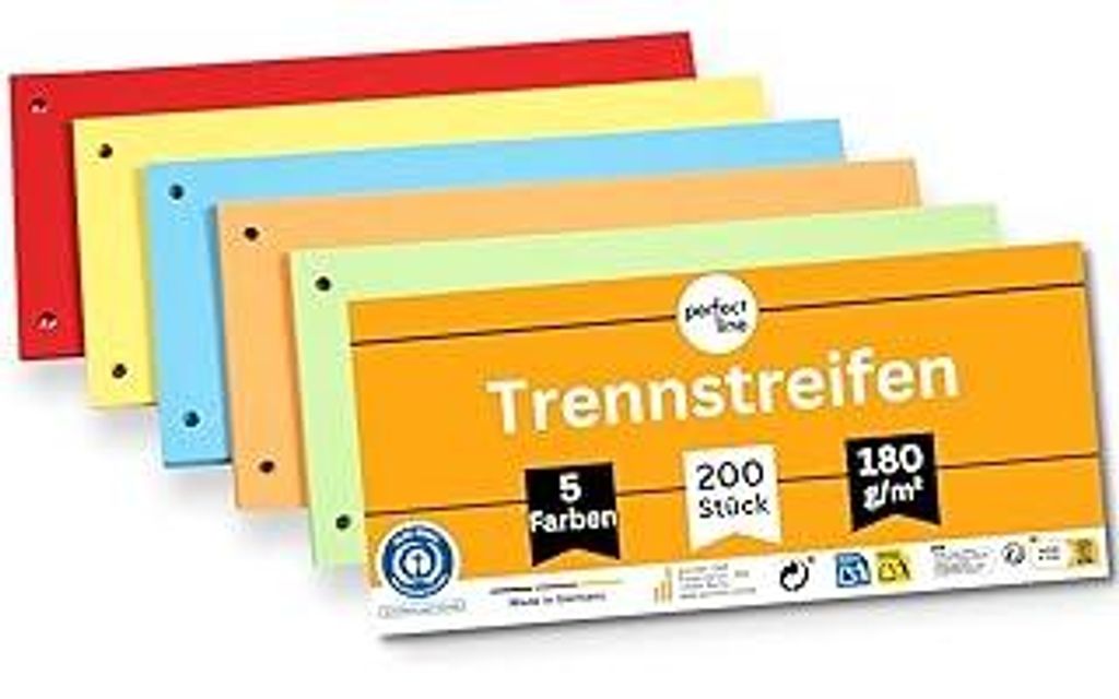 perfect line 200 Trennstreifen für Ordner A4, Trennblätter aus Recycling-Karton, GERMANY, 5 Farben, gelocht