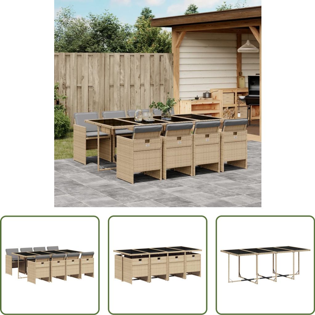 The Living Store 9-tlg. Garten-Essgruppe mit Kissen Beigemischung Poly Rattan