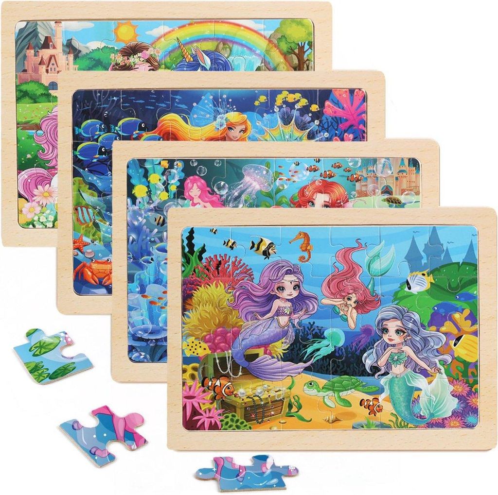 Holzpuzzle Kinder Meerjungfrau 4er Set Lernspielzeug 24 Teile ab 3 Jahren
