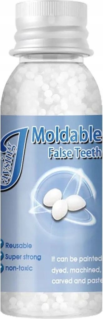 A bottle of moldable false teeth material.