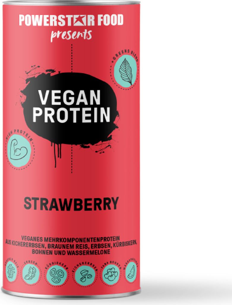 Powerstar VEGAN PROTEIN POWDER 500 g | Ohne Soja | Mehrkomponenten Protein-Pulver mit 10 Superfoods | Ideal zum Muskelaufbau | Strawberry
