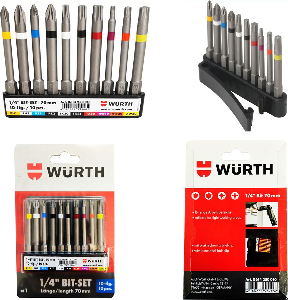 Würth Assortiment 10 Embouts 1/4" Avec Clip Ceinture - 70mm Pour Accès Difficiles