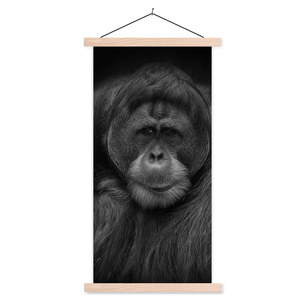 MuchoWow Textilposter Orang-Utan-Profil in Schwarz und Weiß 60x120 cm mit holzfarbenen Rahmen - Holz