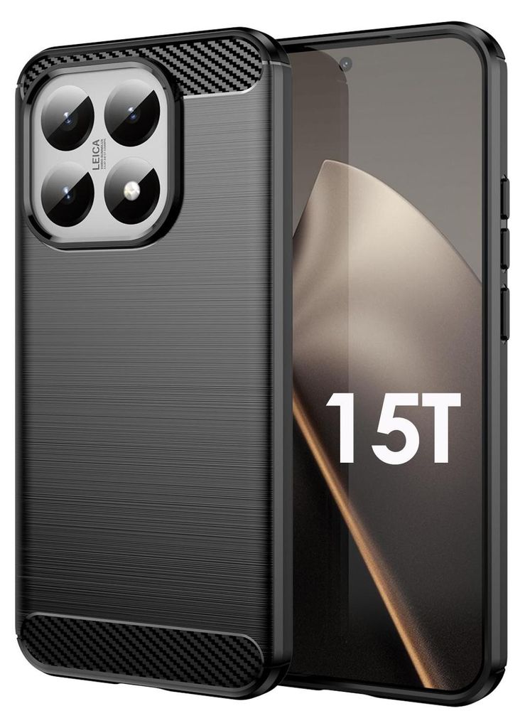 A black carbon fiber phone case is shown next to a smartphone displaying the text '15T'.