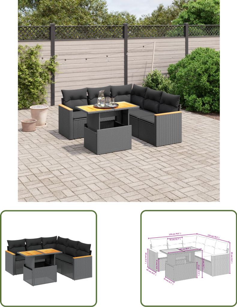 The Living Store 6-tlg. Garten-Sofagarnitur mit Kissen Schwarz Poly Rattan