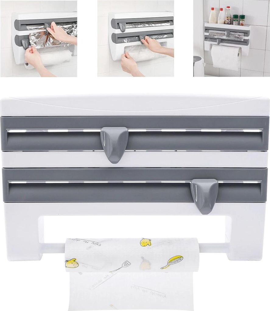 Küchenrollenhalter mit Ablage - Wandmontiert - Für Rollen bis 27 cm - Größe 39×10×24 cm - HIPS-Kunststoff - Weiß