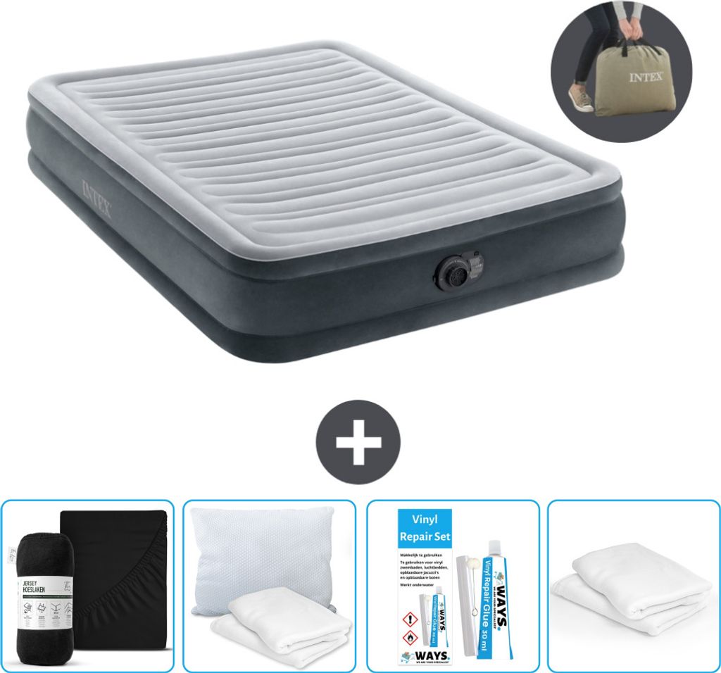 Intex Airbed - Doppelbett - 137 x 191 x 33 cm - Grau - Inklusive Pumpe - Spannbettuch - Küssen - Reperaturset en Kissenschutz