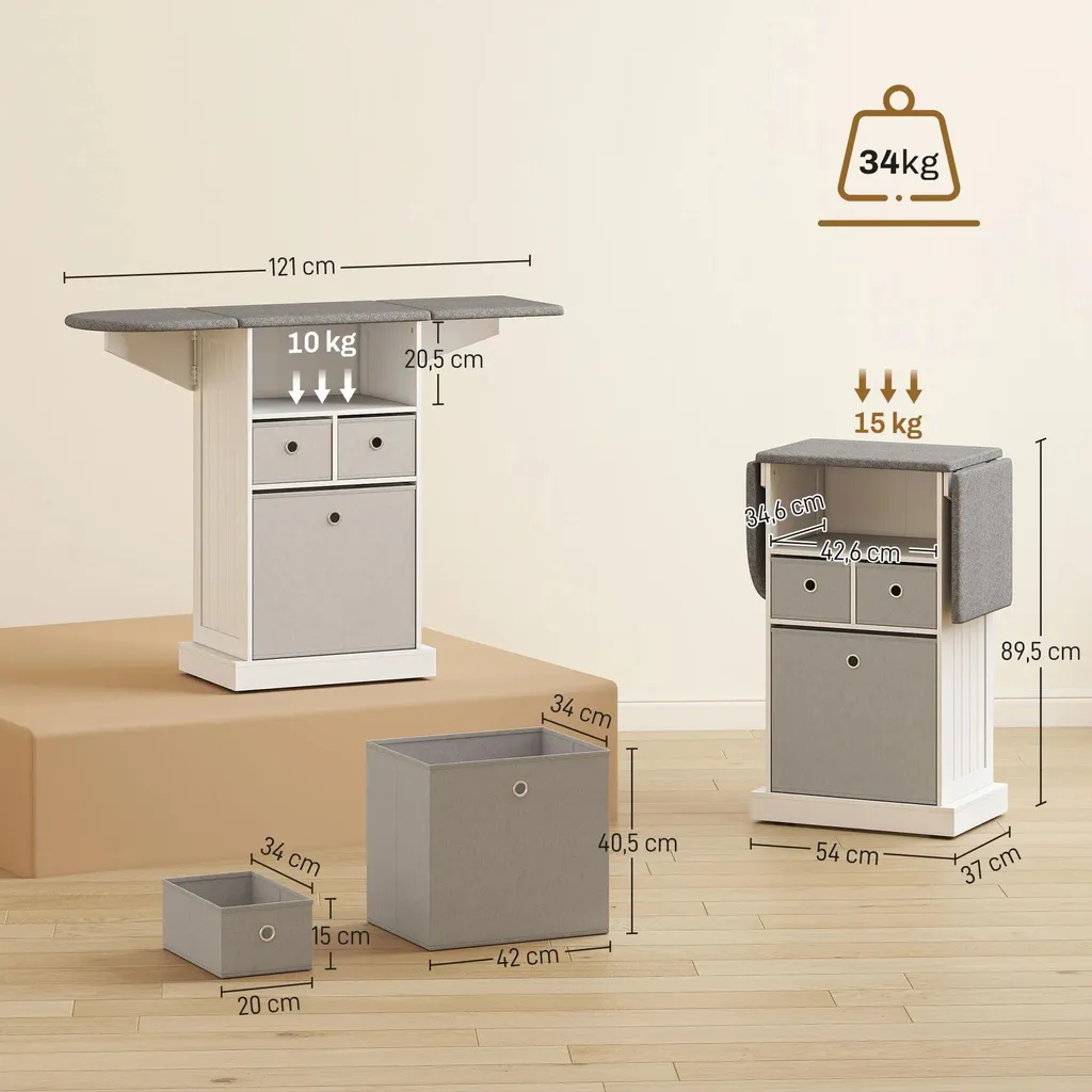 Station de repassage pliable L - Table avec 3 tiroirs et roulettes 121cm