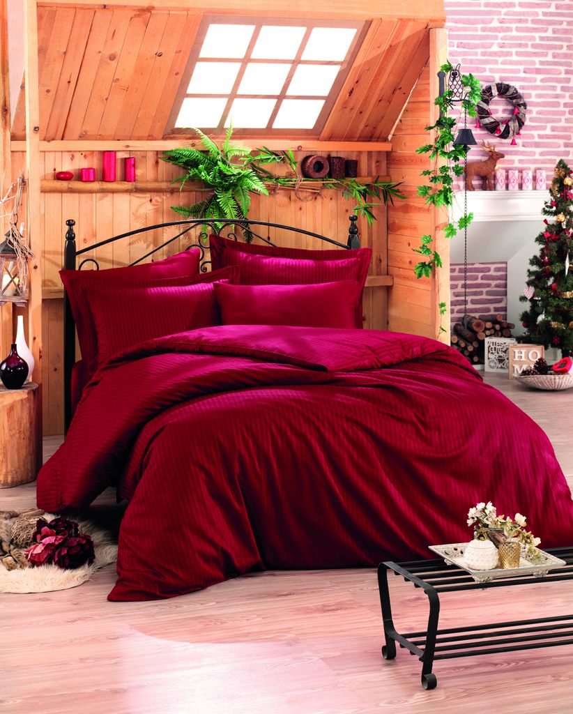 L'Essentiel Linge de Maison, Stripe - Claret Red v2, Satin-Bettbezug-Set für Einzelbetten (DE), Bordeauxrot, 100 % Baumwollsatin, 135 x 135 cm