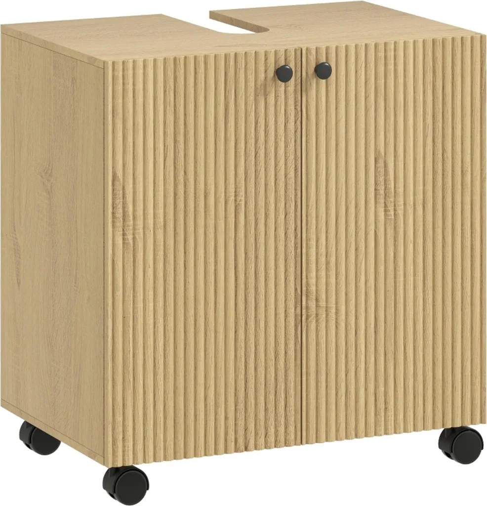 Mobiletto Bagno con Ruote Legno - 3 Scaffali per Detersivi e Asciugamani