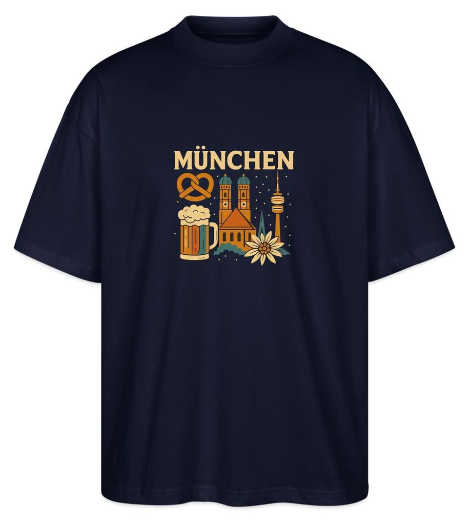 Spreadshirt München Bayern Edelweiss Brezn Bierkrug Oversize Uni T-Shirt, XXL, Navy