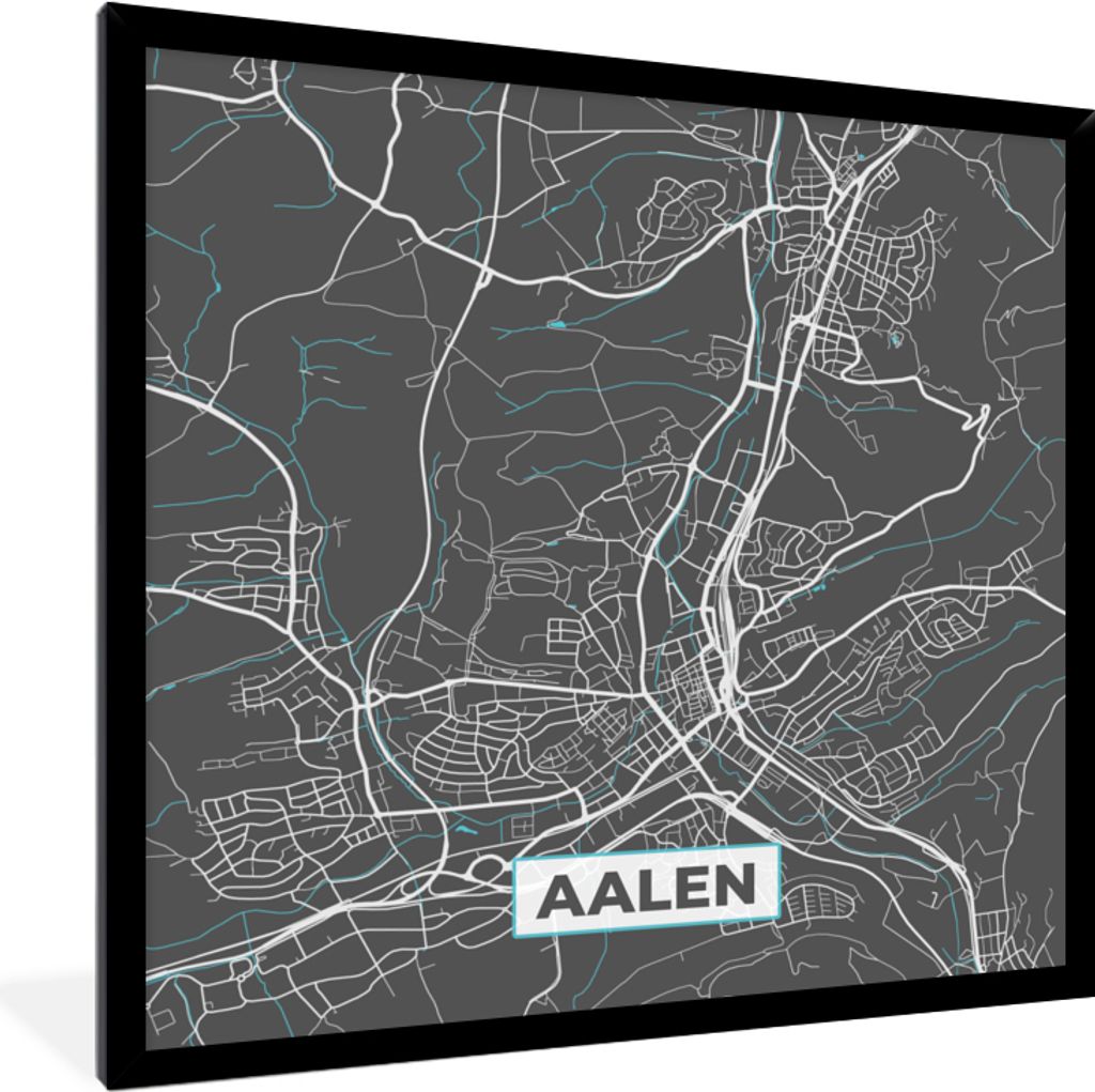 MuchoWow Gerahmtes Poster Blau - Deutschland - Karte - Stadtplan - Aalen 40x40 cm - Poster mit Schwarzem Bilderrahmen Wandposter Rahmen Foto Bild...