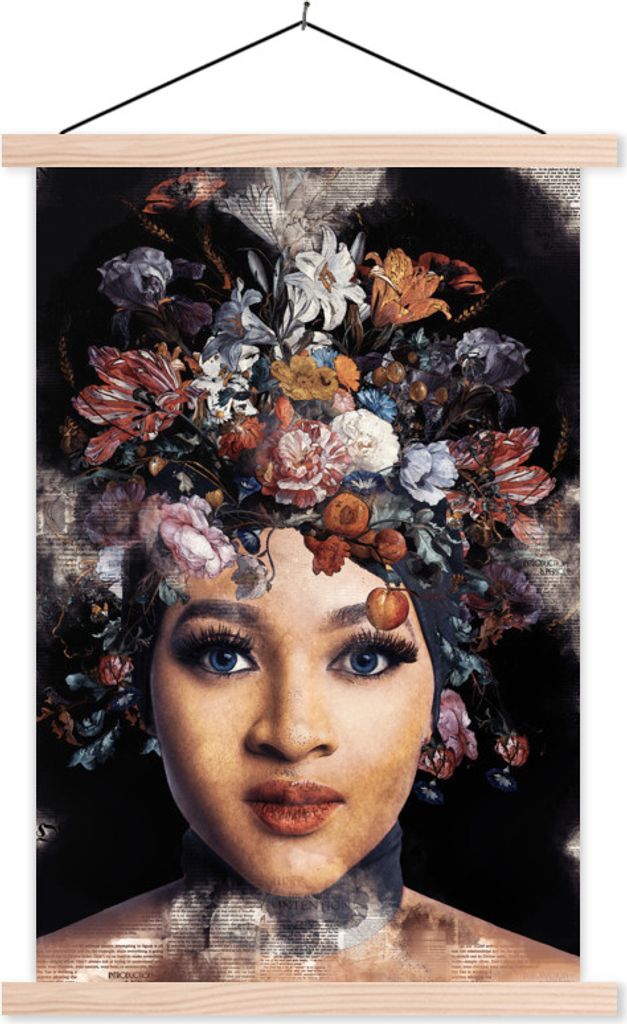 MuchoWow Textilposter Blumen - Farbe - Frauen 60x90 cm mit holzfarbenen Rahmen - Textil