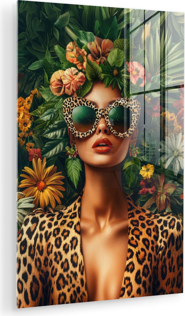 MuchoWow Glasbilder - Bilder auf Wandbild - Foto auf Glas Frau - Pantherdruck - Dschungel - Natur - Luxus 80x120 cm Wanddekoration aus Glas - Acryl...