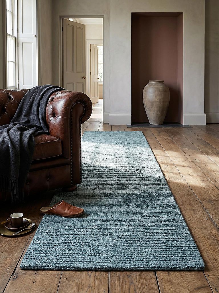 Wollteppich Boucle, Unifarben, Strapazierfähig, natürlich & pflegeleicht Türkis Läufer 80x230 | 100% Wolle, Rücken aus 100% Baumwolle