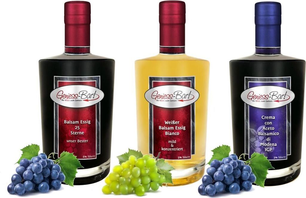 Balsamessig Sorglos Paket 3x 0,7L 25 Sterne Balsamessig / Weißer Balsam Essig / Crema di Balsamico di Modena IGP Glasflaschen Set