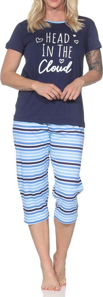 Normann Damen Schlafanzug kurzarm Pyjama mit Capri-Pyjamahose in Streifenoptik ; navy , 40