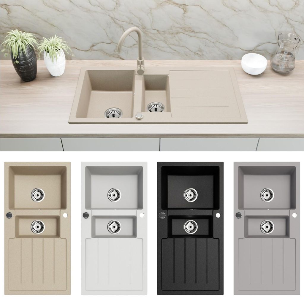 Granitspüle Spülbecken Küchenspüle Einbauspüle 100x50 cm 2 Becken mit Abtropffläche inklusive Zubehör-Set Beige