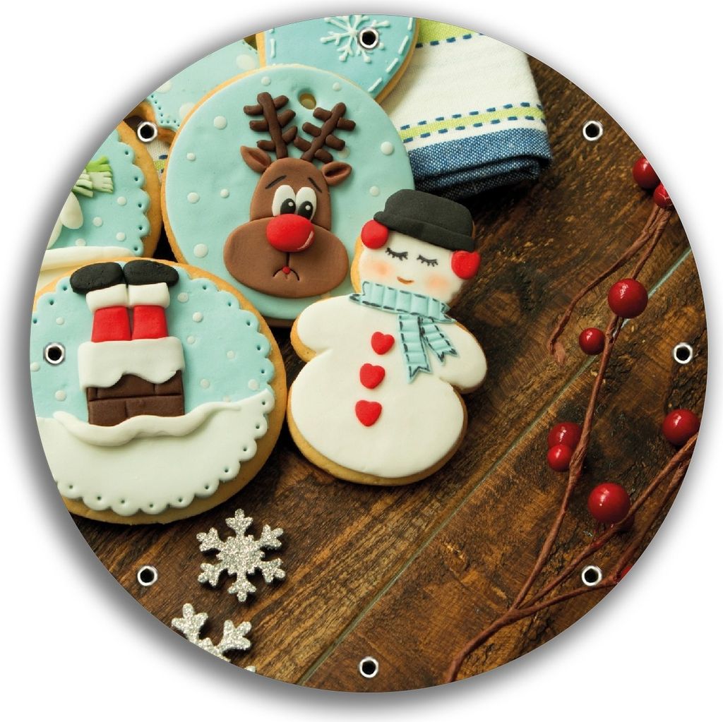 Wallario rundes Outdoor-Poster für Garten oder Balkon, Motiv Weihnachten in der Küche - Plätzchen auf einem Holztisch, 30 cm Durchmesser