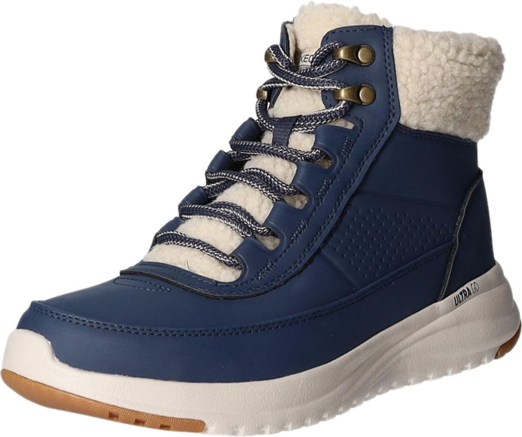 A single blue winter boot with cream-colored lining.