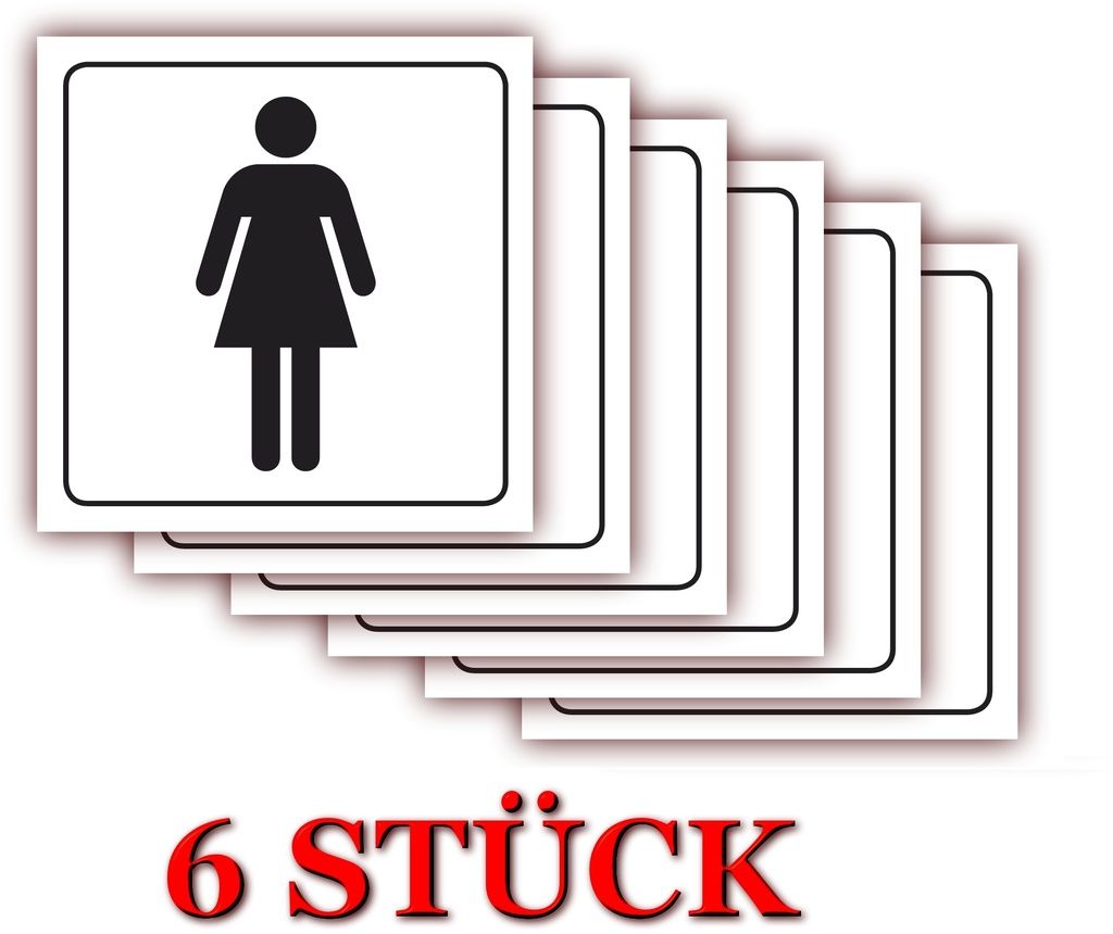 6 Stück - XL Folienaufkleber WC Frau Größe 10 x 10cm - Toiletten Aufkleber, Frauen-WC, für innen und außen geeignet ( 501g )