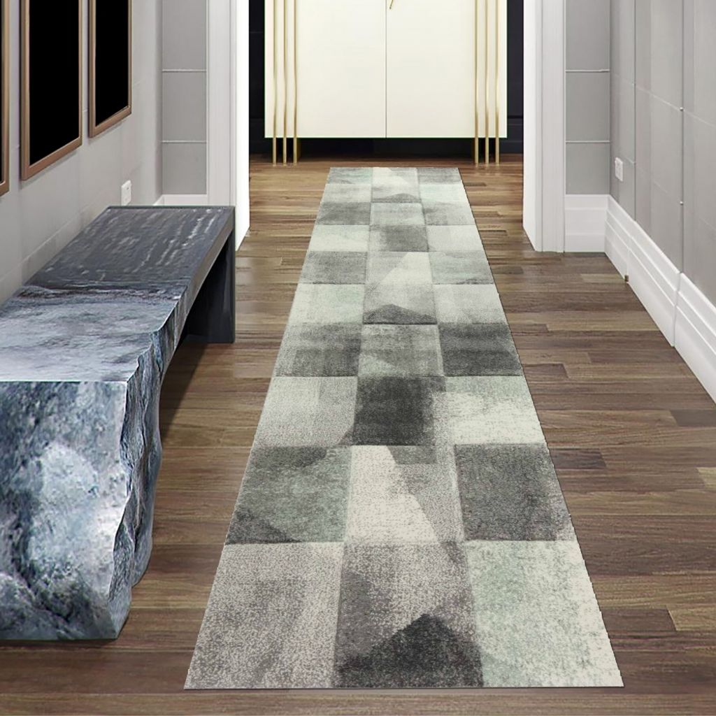 Wohnzimmer Teppich mit abstraktem Karomuster in grau grün anthrazit Größe - 80 x 300 cm
