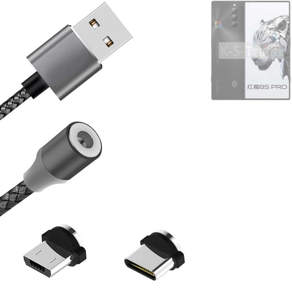 K-S-Trade Hochwertiges Magnet-Lade-kabel Sync-Kabel Daten-Kabel kompatibel mit Nubia Redmagic 8S Pro mit USB-Typ-C-Anschluss und Micro-USB-Anschluss