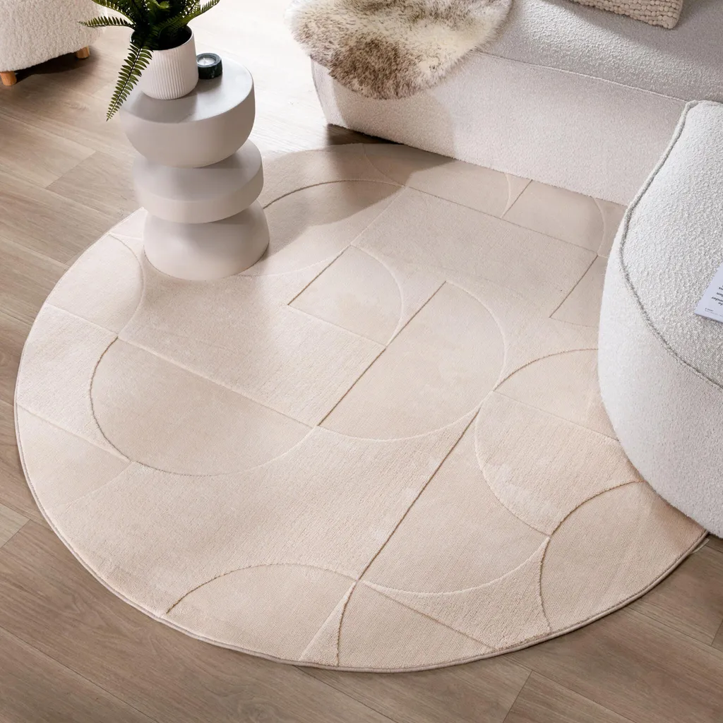 Grand Tapis Rond Beige à Motif Marbre 160cm - Style Moderne et Chic