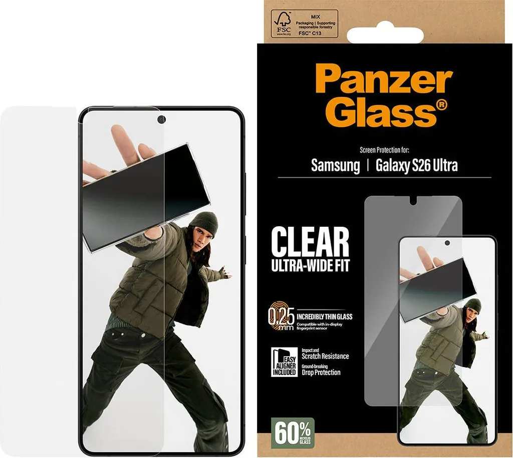 Vetro temperato con applicatore per Galaxy S26 Ultra, PanzerGlass Ultra-Wide Fit, trasparente
