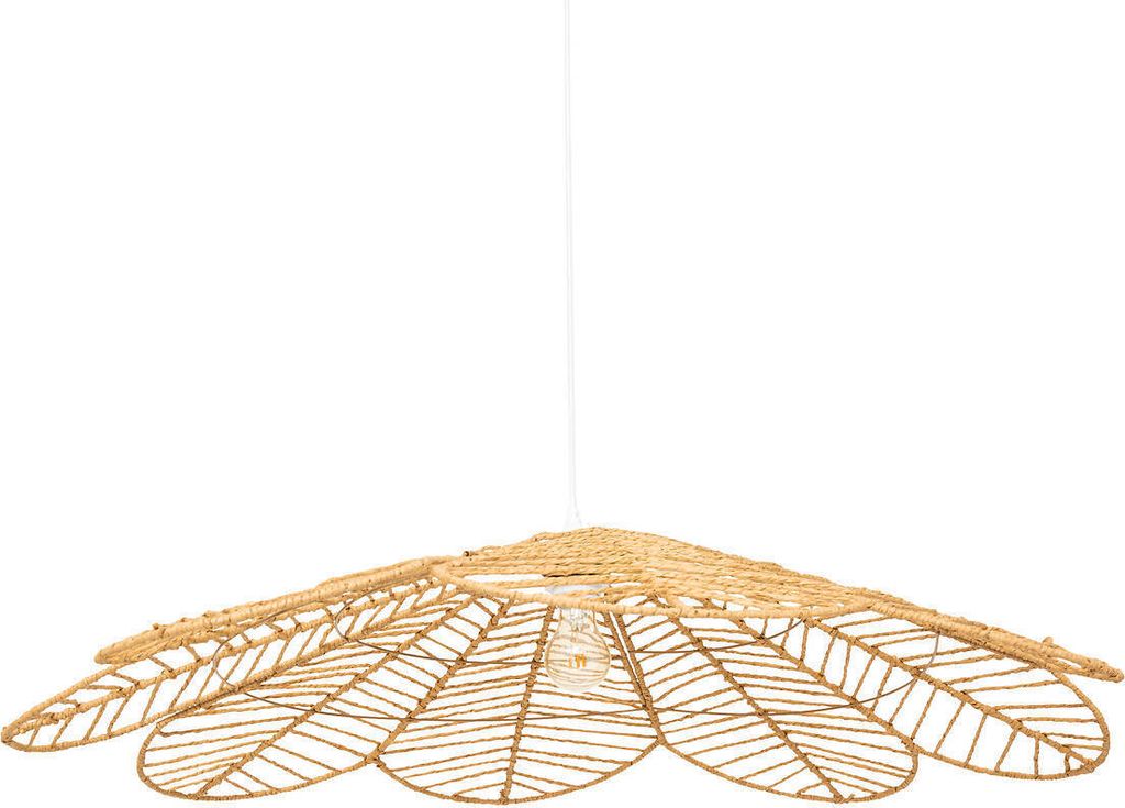 A hanging lamp made of woven natural fibers, shaped like a large flower or leaf.