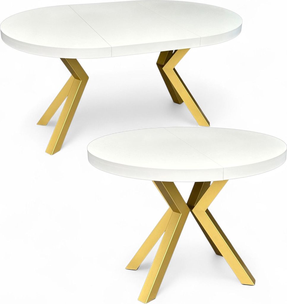 Runder Esstisch Weiß (Ø110/210 cm) Ausziehbar mit Goldenen X-Metallbeinen