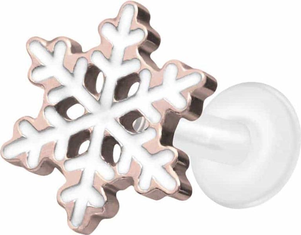 Ohrpiercing, Nasenpiercing PTFE Labret mit Innengewinde + Titan-Aufsatz SCHNEEFLOCKE RoséGold Stablänge: 8mm | Stabstärke: 1,6mm