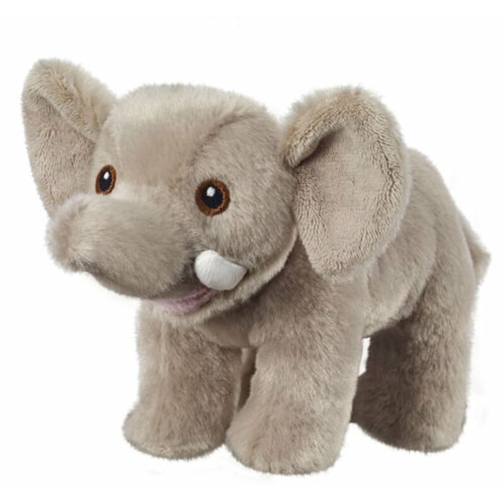 A plush toy elephant is shown against a white background.