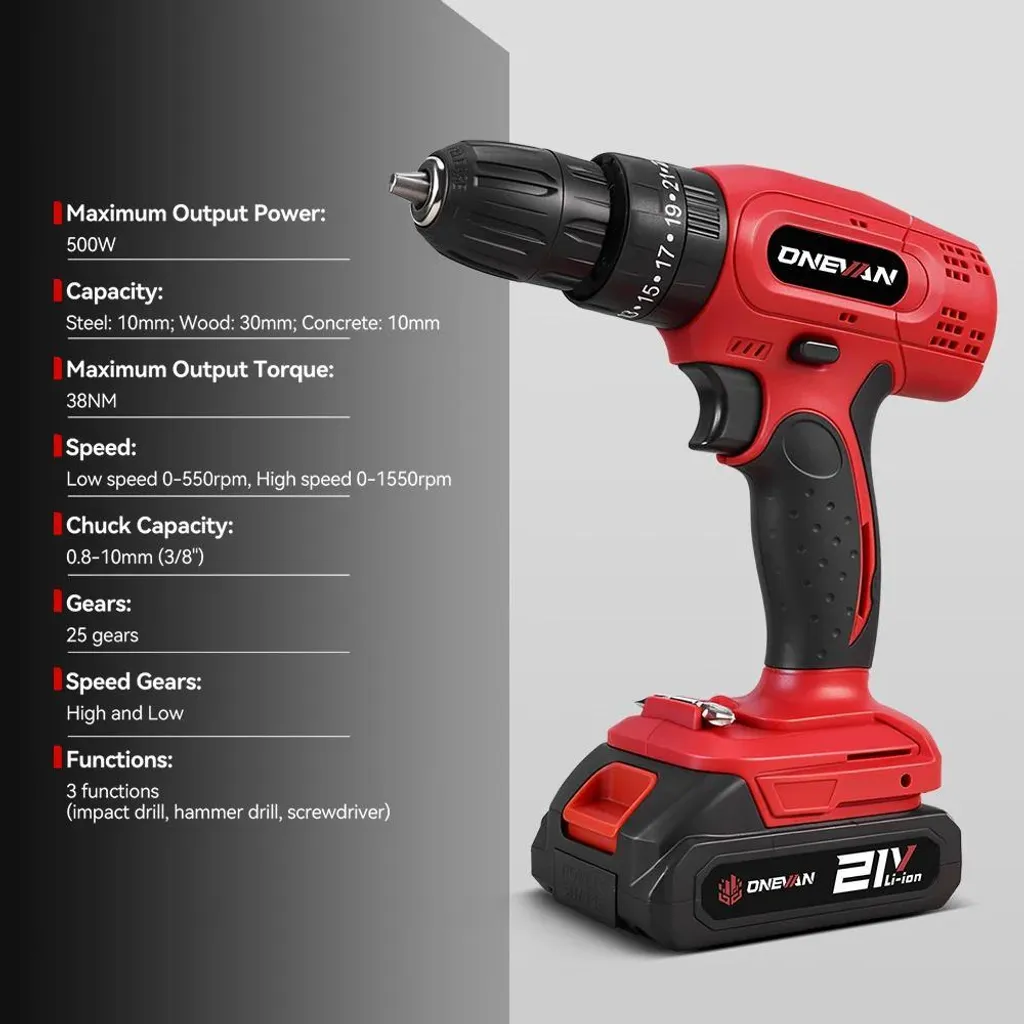 Perceuse-visseuse à percussion sans fil 500W avec 2 batteries - 1600 tr/min