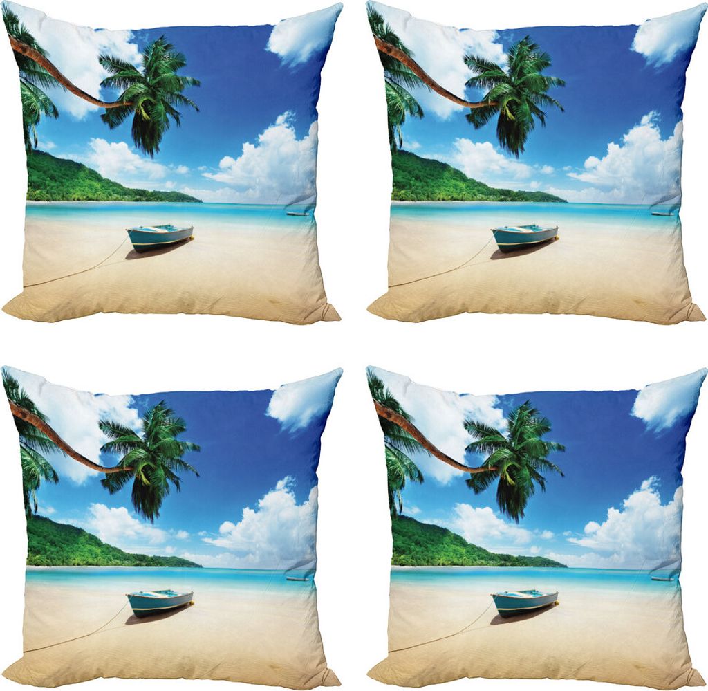 ABAKUHAUS Strand Kissenbezug Set (4 Stück), Boot am Strand in Insel Mahe, Moderner Doppelseitiger Digitaldruck, 45 cm x 45 cm, Blau, Grün, Sand B...