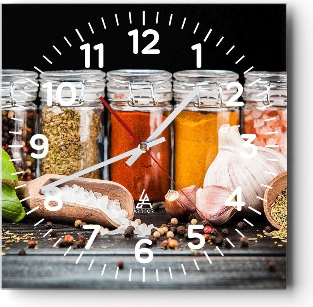 Wanduhr - Quadrat - Glasuhr - Gewürze Knoblauch Holz Salz - Produktbild 
