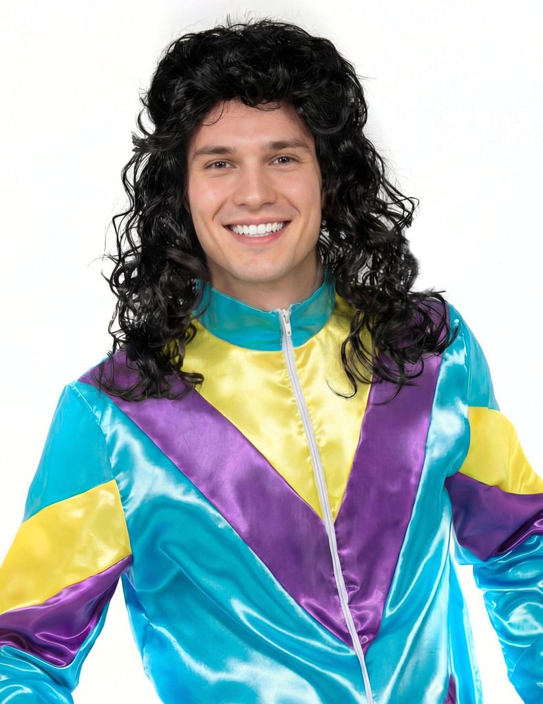 A man wearing a wig and a colorful jacket.