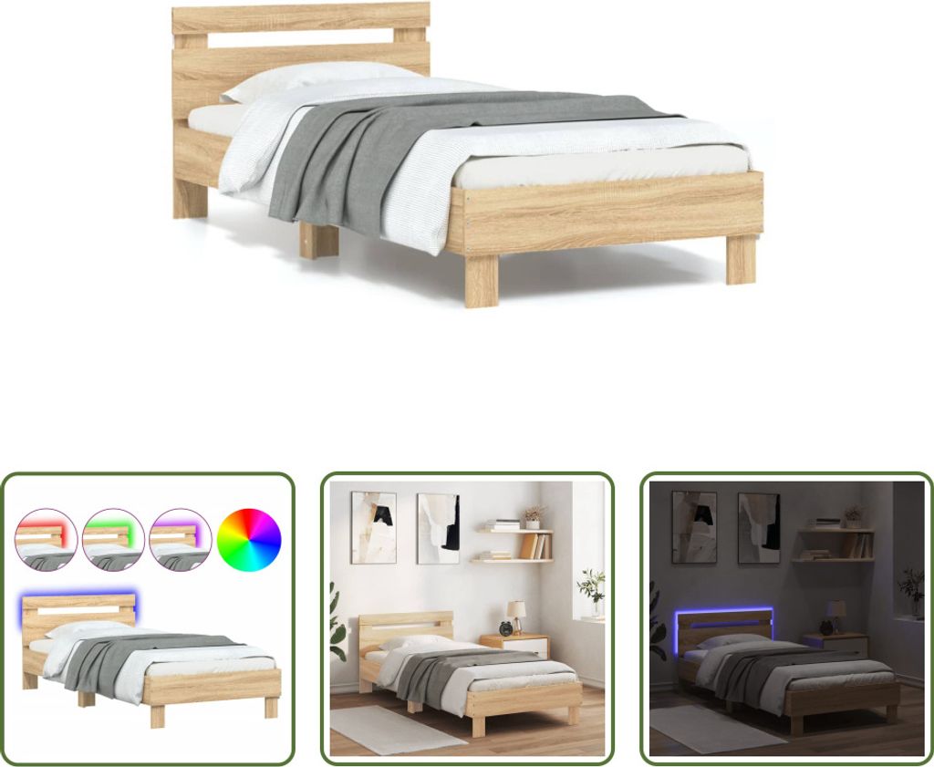 The Living Store Bettgestell mit Kopfteil und LED-Leuchten Sonoma-Eiche 90x200cm