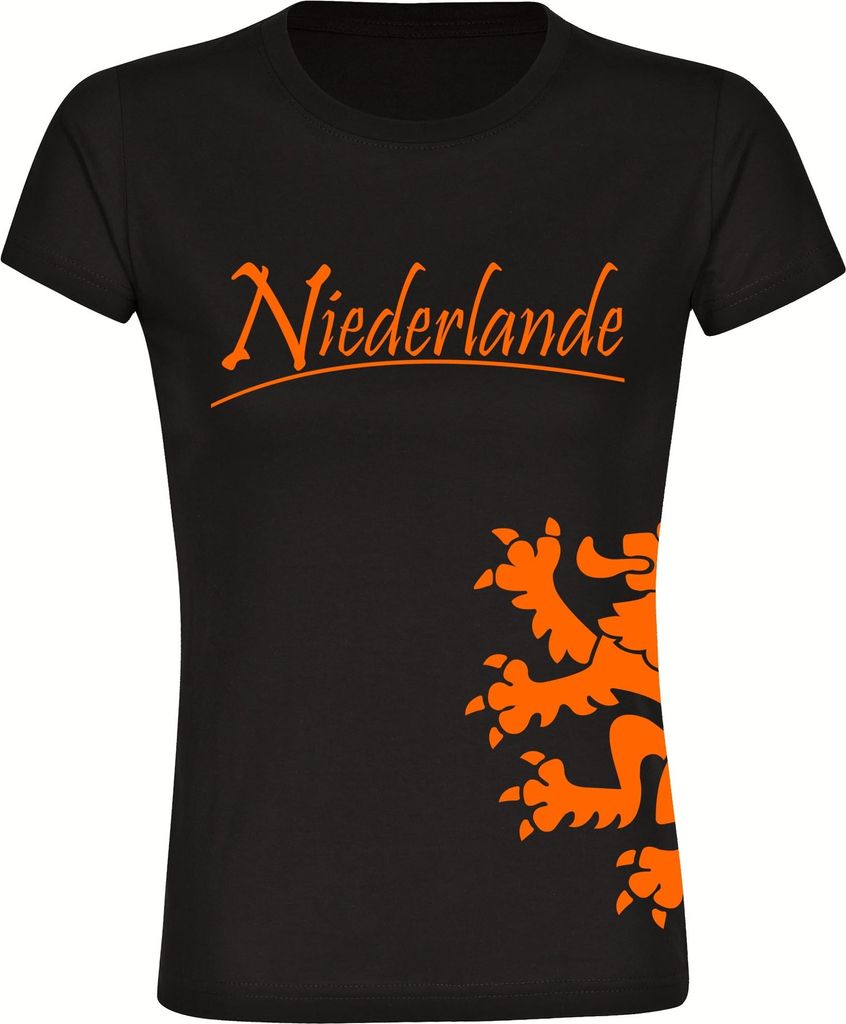 multifanshop Damen T-Shirt - Niederlande - Löwe seitlich, schwarz, Größe XL