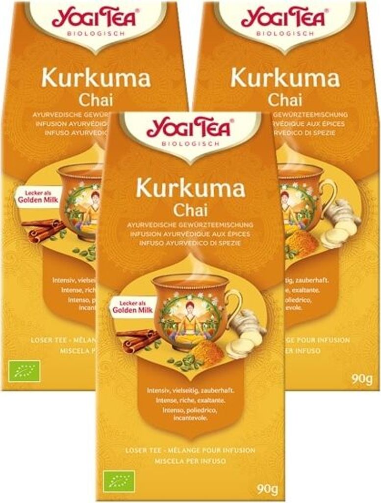 Three boxes of Yogi Tea Kurkuma Chai are displayed side-by-side.