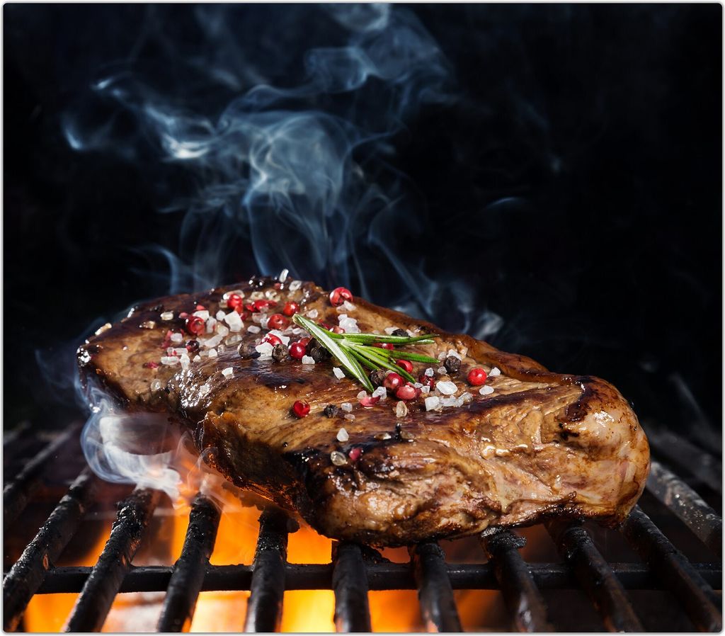 Spritzschutz Herdabdeckplatte Schneidebrett aus Glas Heisser Grill mit Fleisch 1-Teilig (60x52cm)