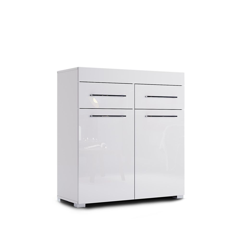 Kommode Weiß Hochglanz Sideboard Anrichte Wohnzimmer Schlafzimmer Flur 2 Schubladen 2 Türen Stauraum Modern 97x90x38 cm