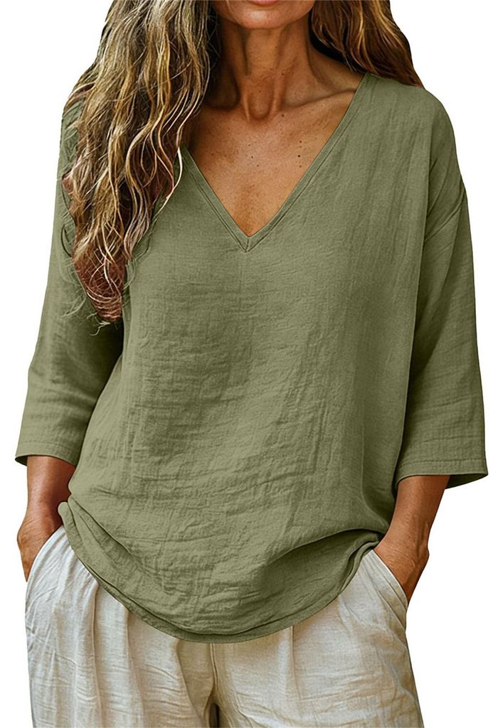 ASKSA Damen T-Shirt V-Ausschnitt 3/4 aermel Sommer Produktbild 