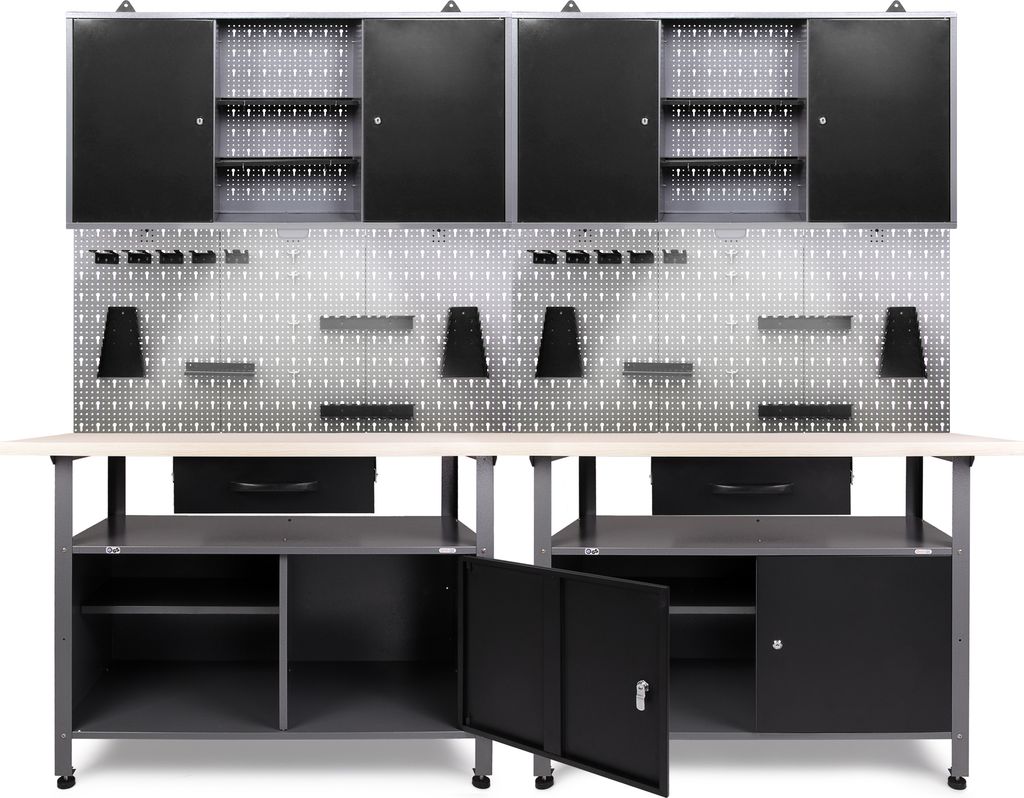 Ondis24 Metall Werkstatt Set 240 cm "Klaus" 2x Werkbank + 2 Schränke LED Arbeitshöhe 85 cm abschließbar höhenverstellbare Füße Arbeitsplatte ...